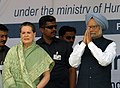 Indian National Congress Chairperson Sonia Gandhi in a green Dhakai jamdani sari