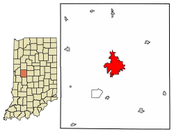 Location of Crawfordsville in Montgomery County, Indiana.