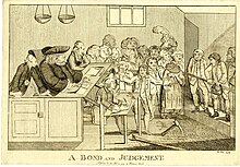 A black and white engraving of a court scene. John Fielding sits at his raised desk, with a blindfold over his eyes. To the right of him, a man holds up two pistols and a clerk is writing at a desk. In the background sits a crowd and waiting witnesses. To the far right, two prisoners are standing with leg chains on.