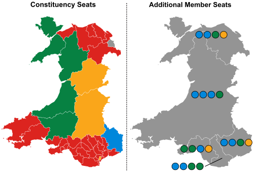 A map showing the constituency winners of the election by their party colours.