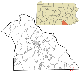 Location of York County, Pennsylvania in Pennsylvania (top) and of Delta in York County (bottom)