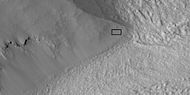 Close view of part of glacier, as seen by HiRISE under HiWish program Box shows size of football field.
