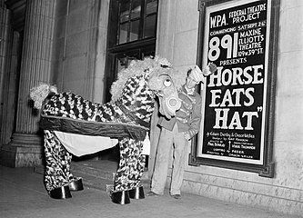 The horse (Carol King, Edwin Denby) and creator Bil Baird outside Maxine Elliott's Theatre