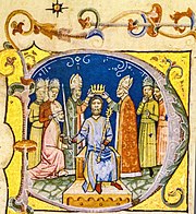 Chronicon Pictum, Hungarian, Hungary, King Andrew, crown, coronation, sword, scepter, throne, priest, bishop, medieval, chronicle, book, illumination, illustration, history