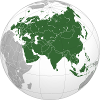 Globe centered on Asia, with Asia highlighted. The continent is shaped like a right-angle triangle, with Europe to the west, oceans to the south and east, and Australia visible to the south-east.