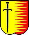 Security Officers Board, RSA: Per pale or and gules, issuant from the partition twelve piles to sinister or, dexter a sword inverted sable.