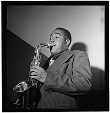 Photograph of Charlie Parker playing saxophone