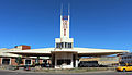 Het futuristische tankstation Fiat Tagliero (1938) in de Eritrese hoofdstad Asmara. Deze stad omvat meer dan duizend modernistische bouwwerken waarvan een deel sinds 2017 op de Werelderfgoedlijst staat.