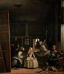 Las Meninas; by Diego Velázquez; 1656; oil on canvas; 3.18 cm × 2.76 m; Museo del Prado, Madrid, Spain[109]