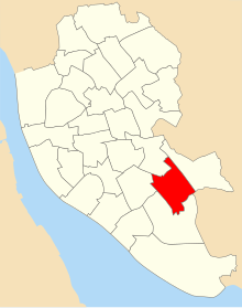 A map of the city of Liverpool showing 2004 council ward boundaries. Woolton ward is highlighted