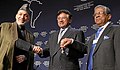 Image 30Chief Advisor Fakhruddin Ahmed with presidents Hamid Karzai of Afghanistan and Pervez Musharraf of Pakistan, at the World Economic Forum (from History of Bangladesh)