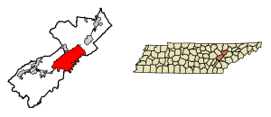 Location of Oak Ridge in Anderson and Roane Counties, Tennessee.