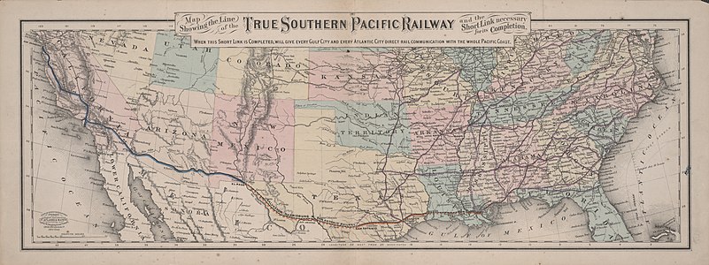 Map of the Southern United States with a railroad line