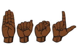 A series of four hands fingerspelling "B-A-S-L"