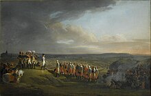 Colored painting depicting Napoleon receiving the surrender of the Austrian generals, with the opposing armies and the city of Ulm in the background