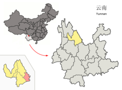 Location of Huaping County (pink) and Lijiang City (yellow) within Yunnan province