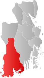 Mapa do condado de Vestfold com Larvik em destaque.