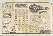 A map of a city with a grid of streets and marked lots. Several images and other maps are framed around the diagram.