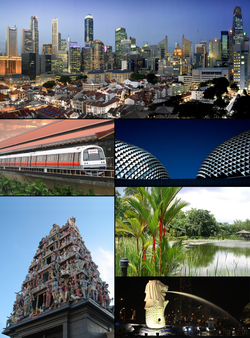Billeder, fra toppen, venstre til højre: Singapores skyline, C751B-tog ved Eunos MRT Station, Esplanade - Theatres on the Bay, sø i Singapores botaniske have, Sri Mariamman-templet, Merlion af CBD.