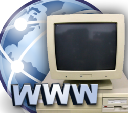 En kollasj bestående av tre elementer. De tre elementene er bokstavene WWW, som står for World Wide Web, engelsk for verdensveven; en besj personlig datamaskin typisk til 1990-årene; en forenklet globus med forskjellige tilknyttede punkter rundtom verden.