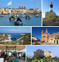 From top: Harbour, Delimara Lighthouse, Delimara coastline, Parish Church, street market, Fort San Lucian