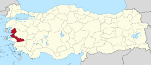 İzmir (II) highlighted in red on a beige political map of Turkeym