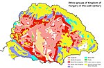 Kniezsa's (1938) view on the ethnic map of the Kingdom of Hungary in the 11th century, based on toponyms. Kniezsa's view has been criticized by many scholars, because of its non-compliance with later archaeological and onomastics research, but his map is still regularly cited in modern reliable sources. One of the most prominent critics of this map was Emil Petrovici.[136]