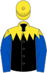 Black, yellow spiked yoke, royal blue sleeves, yellow cap