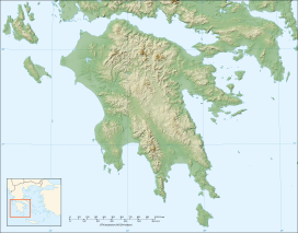 The location of Mainalo on a blank map of the relief of the Peloponnese, Greece