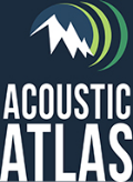 A rectangular sphere with the words Acoustic Atlas written in white text at the bottom and an image of a snow-capped mountain with semi-circles emanating from the mountain in shades of green. Background is in dark blue.