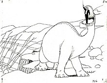 A black and white drawing from an animated cartoon, with small crosses marked. A dinosaur lifts a man in its mouth.