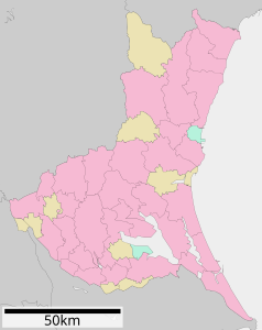 Mapa konturowa Ibaraki, w centrum znajduje się punkt z opisem „Omitama”