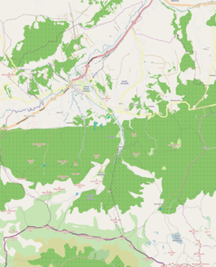 Mapa konturowa Zakopanego, blisko centrum na lewo u góry znajduje się punkt z opisem „Miejska Galeria Sztuki”