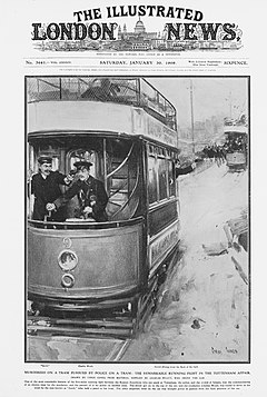 Newspaper page showing a tram; the driver has a gun to his head. A man is shooting out of the back of the tram as another tram chases it.