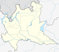 Mapa konturowa Lombardii, blisko centrum na lewo znajduje się punkt z opisem „Melzo”