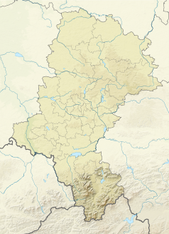 Mapa konturowa województwa śląskiego, po prawej nieco u góry znajduje się punkt z opisem „źródło”, natomiast w centrum znajduje się punkt z opisem „ujście”