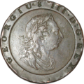 III. György hatalmas, 41 mm átmérőjű, 56,7 gramm súlyú, 1797-es réz 2 pennysének előoldala az uralkodó parókás, babérkoszorús portréjával.