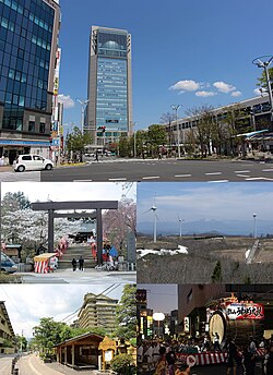 Top: View of Kōriyama Big-i complex building and Kōriyama railway station, Middle: Kōriyama Kaisei Shrine, Nunobiki Highland, near Lake Inawashiro, Bottom: Bandai-Atami Spa, Kōriyama Uneme Festival in August (all item from left to right)