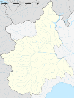 Mapa konturowa Piemontu, blisko centrum po prawej na dole znajduje się punkt z opisem „Belveglio”