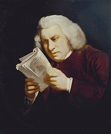 18th century painting of Samuel Johnson pulling a book's cover back and concentrating intensely.