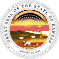 Image 3The Great Seal of the State of Kansas was established by the legislature on May 25, 1861. The design was submitted by Senator John James Ingalls. He also proposed the state motto, "Ad astra per aspera", which means "to the stars through difficulty". (from History of Kansas)