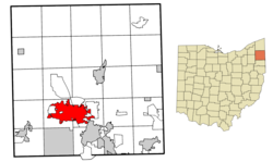 Location of Warren in Trumbull County within the state of Ohio