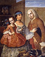 A casta painting, here he shows a Español (Spanish) father, Mestiza (mixed Native American-Spanish) mother, and their Castiza daughter