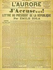 Titelseite der Zeitung L’Aurore mit der Schlagzeile „J’accuse…! Lettre au président de la République par Émile Zola“. Die sechs Spalten gehen über das gesamte Blatt und haben als Untertitel „Lettre à M. Félix Faure“. Rechts oben steht das Datum, der 13. Januar 1898.