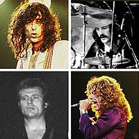 A square quartered into four, each with a headshot photograph of one of the four members of Led Zeppelin: Jimmy page is pictured in colour facing the camera; John Bonham is pictured in black and white facing left and behind a drumkit; John Paul Jones is pictured in black and white facing left of camera; Robert Plant is pictured in colour facing left holding a microphone close to his face.