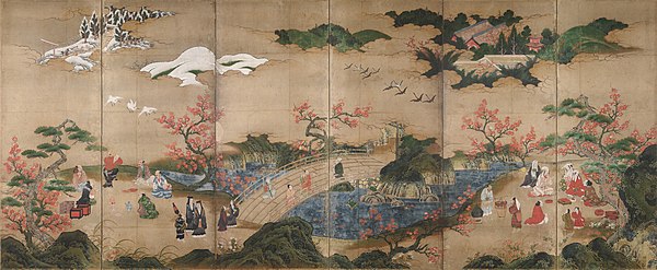 A painted screen of six panels depicting a park-like setting in which visiters enjoy the scenery.