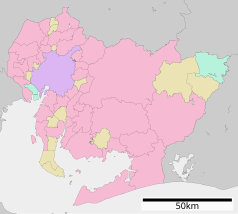 Mapa konturowa Aichi, po lewej nieco u góry znajduje się punkt z opisem „Ōharu”