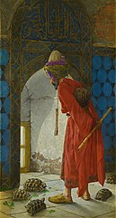 นักดนตรีหญิงน้อยทั้งสอง (ซ้าย) และ นักฝึกเต่า (ขวา) จิตรกรรมของ Osman Hamdi Bey