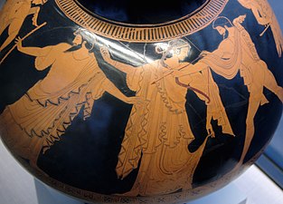 Idas et Marpessa séparés par Zeus d'Apollon, psykter attique à figures rouges, (Staatliche Antikensammlungen).
