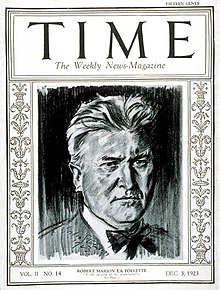 A pencil sketch of La Follette, as pictured on the cover page of the Time magazine (December 3, 1923 cover)